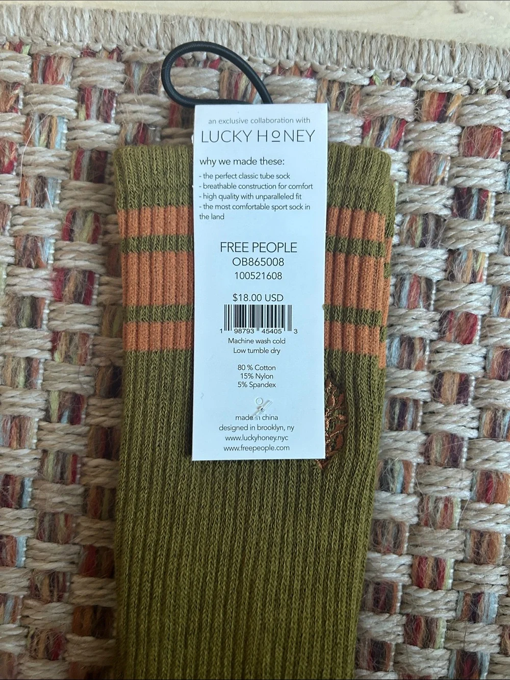 Free People Olive Tube Socks with Coral Stripes